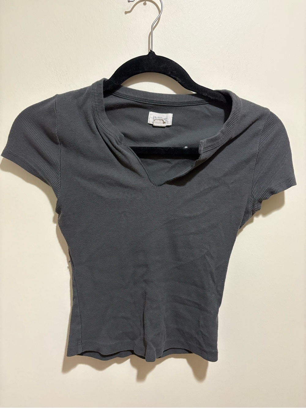 UpWest Women’s Short Sleeve Notch Neck Ribbed Top - Gray
